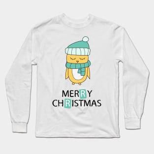 Merry Christmas greeting card with yellow chicken in scarf Long Sleeve T-Shirt